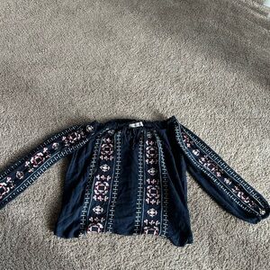 Embroidered Navy Blue Off-the-shoulder Blouse